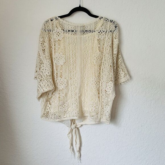 NWT Democracy Blouse Beige S Embroidered Open Crochet Lace Peasant Boho Cottage - Picture 2 of 10